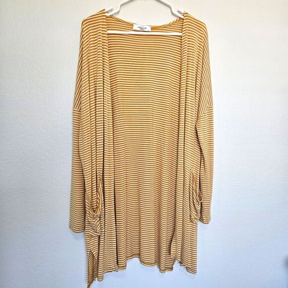 CJLA | Striped Mustatd White Long Line Pocket Soft Cardigan, Womens Medium - Picture 1 of 5